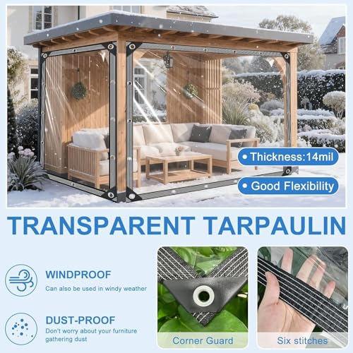 Clear Tarps Heavy Duty Waterproof - 5x7ft Clear Tarps with Grommets - 14mil Thickened Transparent Plastic Vinyl Tarp for Patio Porches Greenhouse Chicken Coop Cover, with Fixed Accessories - size: 5x7ft(150*210cm)