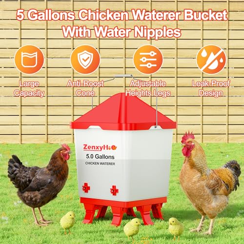 5.0 Gal Chicken Waterer Bucket with 4 Horizontal Water Nipples | Height-adjustable, Anti-roost Cone for Backyard Chicken Flocks - style: Waterer with Nipples