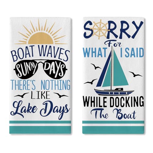 Nautical Lake House Kitchen Dish Towels Set of 2, Boat Waves Sunny | Days Sailboat Sunglasses Seagull Drying Hand Towel Baking Cooking Cloth, Funny Quotes Bathroom Home Decoration 18'' x 26'' - color: Daily-3