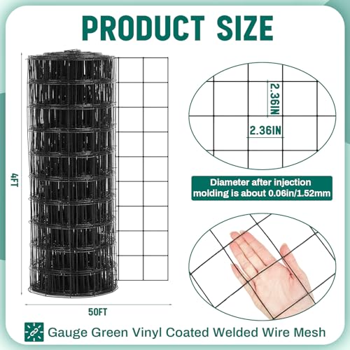 Gisafai 16 Gauge Galvanized Welded Wire Fence 4 ft x 50ft PVC Coated Hardware Cloth, 2.36" x 2.36" Mesh, Heavy Duty Garden Fencing Roll for Chicken, Dog Yard, Deer Cattle & Animal Protection(Black) - color: Black, size: 4 ft X 50 ft