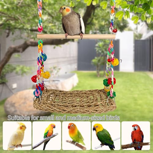 Natural Bird Swing Toys with Wood Perch, Double Layer Bird Seagrass Woven | Climbing Hammock with Chewable Perch Stand Chewing Toy for Parakeets, Budgies, Conures, Cockatiels, Lovebirds