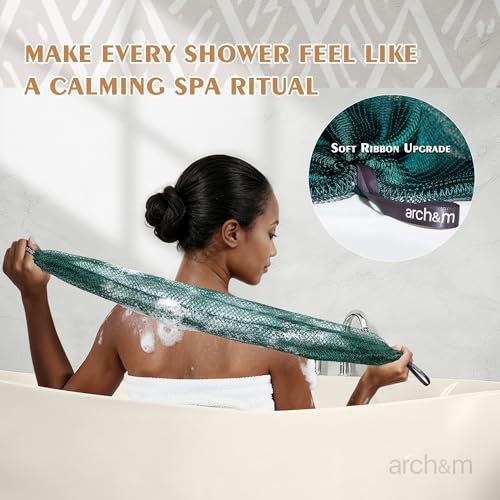 ARCH&M Authentic African Net Sponge Extra-Long 53" Back Scrubber | Quick-Dry Exfoliating Shower Loofah, Smoother Skin For Women and Men Daily Use, Soft Mesh for Sensitive Skin - color: Pink