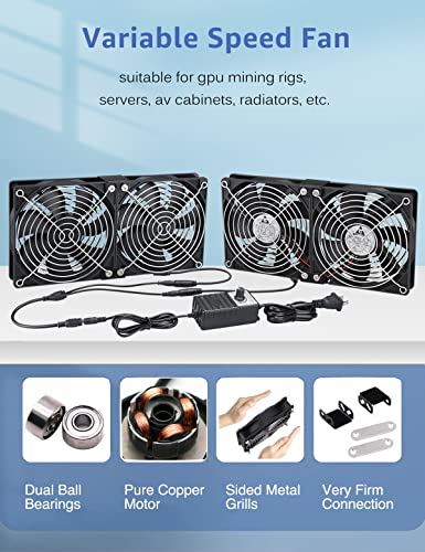 GDSTIME 4X 120mm Fans with Variable Speed Controller 100V-240V AC Powered | 2x2 & 1x4 Installable, Computer Fan with AC Plug, for GPU Mining Rig, Server Rack, DIY Cooling Ventilation Exhaust Projects - size: 4x 120mm fan