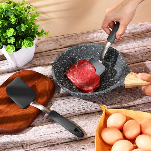 Silicone Cookie Spatula Turner 2 Pack Mini Brownie Spatula Flexible Kitchen Small Silicone Turner for Nonstick Cookware Heat Resistant No Scratch Flipper for Egg(Solid Flat,Grey) - color: Gray
