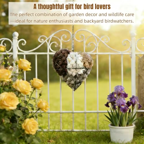 Handmade Fiber Bird Nesting Heart, Birds Nests Material Holder, Hummingbird Nest Boxes for Outside. Decorative Dual-Purpose Bird House: A Nesting Aid and Garden View Cottage (1Set) - color: 1Set