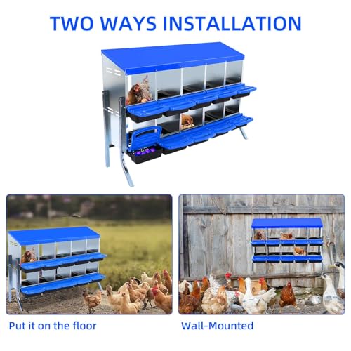 GarveeHome 2-Tier Chicken Nesting Box, 10 Compartment Metal Chicken Laying Boxes with Waterproof Roof ＆ Removable Trays for Hens, Poultry，Easy Egg Collection - color: Blue, size: 53.5"L x 16.9"W x 26.6"H