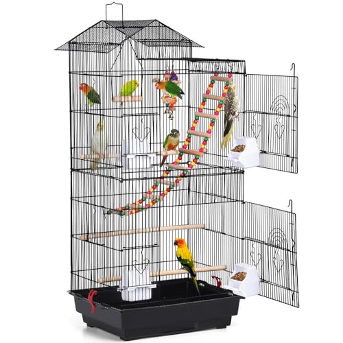 Yaheetech 39" Roof Top Flight Cage with Toys, Wrought Iron Bird Cage for Cockatiels, Conures, Lovebirds, Budgies & Small Birds - color: Black
