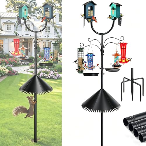 Squirrel Proof Bird Feeder Pole, Dual U-Shape 92" Adjustable Heavy Duty Stand, Multi-Purpose Outdoor Bird Feeding Station & Yard Decor, Includes Hooks, Trays, Baffle & Base