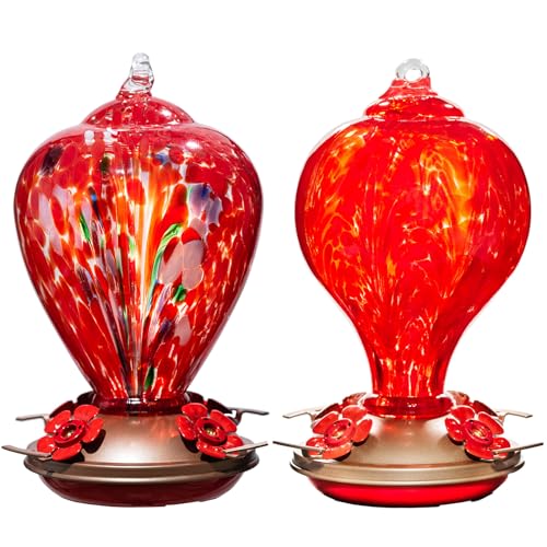 2 Packs Hummingbird Feeders for Outdoors Hanging Ant and Bee Proof, 34OZ & 32OZ Hand Blown Glass Hummingbird Feeders for Outside, 2 Red | LaElvish Garden 2 Packs Hummingbird Feeders for Outdoors Hanging Ant and Bee Proof, - color: 2 Red
