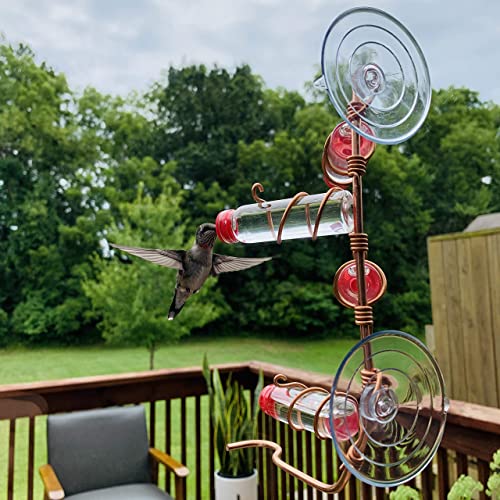 Window Hummingbird Feeder | Handcrafted Copper and Aluminum | Multiple Stations | Modern Hummingbird Feeder | Glass Bottles | Suction Cups (Copper, Four Station) - size: Four Station - Standard Perch