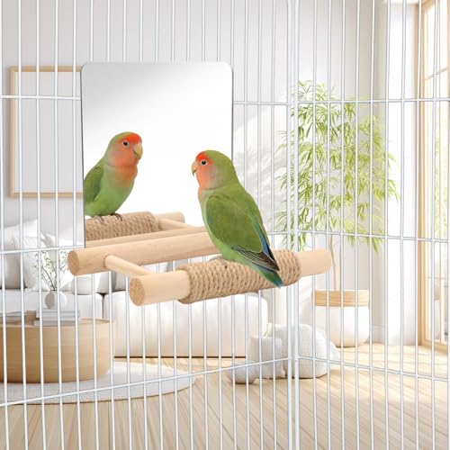 Litewoo 6.7" Bird Mirror for Cage Wooden Hanging Parrot Perch Swing Toy | Acrylic mirror with wooden stand, hemp rope for foot care, reduces bird loneliness, for parakeet/budgie/cockatiel/lovebird