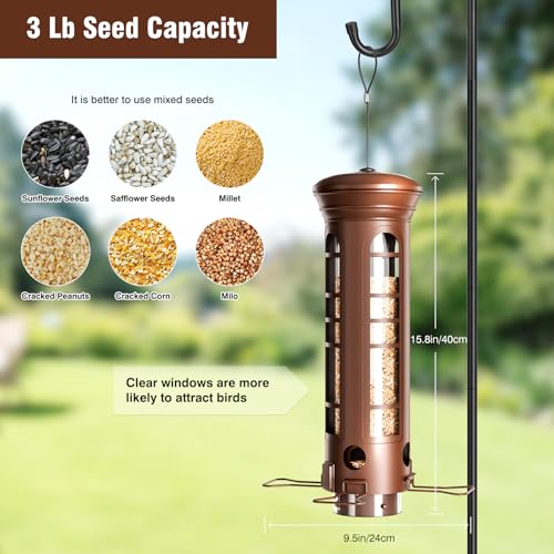 Squirrel Proof Bird Feeder for Outdoors, 360° Weight-Sensitive Activation, Removable Base for Easy Cleaning, 3 Lbs Capacity, 4 Feeding Ports, Tube Metal Bird Feeder for Cardinals, Finches - color: Bronze