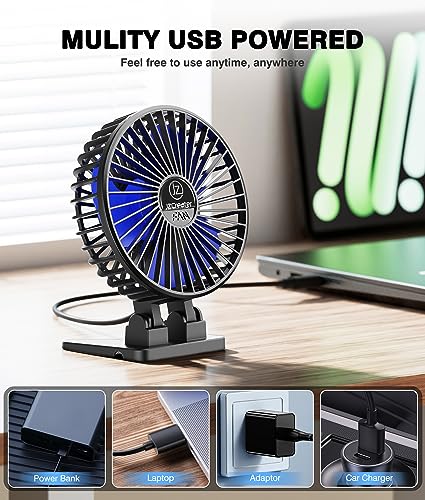 JZCreater USB Desk Fan, Mini Portable Fans, 3 Speeds Desktop Table Cooling Fan, Plug in Power, Rotation Strong Wind, Quiet Personal Small for Home Office Travel Bedroom, Black Blue - color: Black Blue