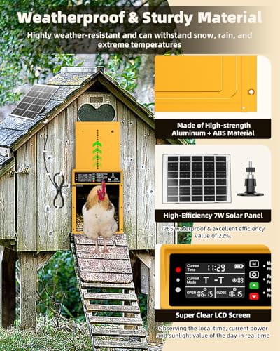 Automatic Chicken Coop Door Solar Powered, Pet Deluxe Chicken Door with Programmable Timer & Light Sensor, Anti-Pinch Safety, 7W Solar Panel, Aluminum Alloy with 10 Wire Clips Solar Chicken Door-Gold - color: Gold