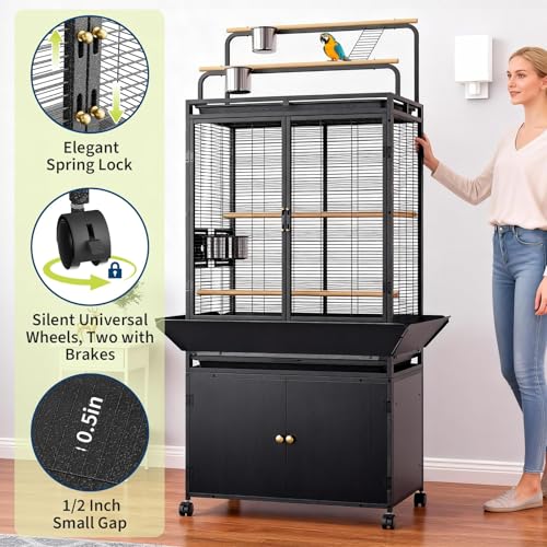 GarveeTech Extra Large Bird Cage with Play Top & Storage Cabinet, 71'' H | Corner Flight Birdcage for Parrot, Budgie, Conure, Cockatiel, Macaw, Big Rolling Bird Aviary