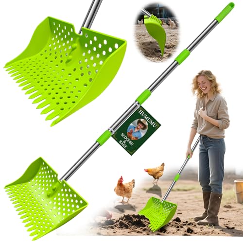 12" 2-in-1 Chicken Poop Scooper & Rake (US Patent No. D1124534), 3-Shape Sifting Holes Chicken Coop Rake, Stainless Steel Handle (20–61") - Litter Scoop Sand & Sifting Shovel (Green) - color: Green
