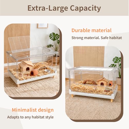 Hamster Cage15.4 High Panoramic Clear Syrian Playhouse | 470 Sq In cozy retreat floor, 6.5" deep burrowing tray, 2.8" elevated thermal legs, 5-min foldable assembly - size: 27.5"L x 16.9"W x 15.4"H