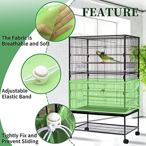 Daoeny Large Bird Cage Cover, Bird Cage Seed Catcher, Adjustable Soft Airy Nylon Mesh Net, Birdcage Cover Skirt Seed Guard for Parrot Parakeet Macaw African Round Square Cages (Green) - color: Green