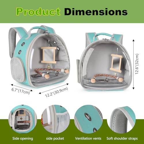 Parrot Travel Carrier Bubble Window Backpack with Mirror Standing Toy,Portable Parrot Cage Backpack with Bird Stand Perch, Pet Travel Bag for Cockatiels, Love Bird,Small Birds - color: Green, size: 12.0"L x 8.0"W x 12.0"H