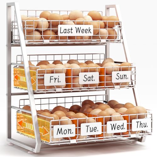 Egg Holder Countertop with 3 Pull-Out Tier Baskets, White | Sturdy Metal Frame, 5 Adjustable Dividers,7 Date Tags, Egg Basket for Gathering Fresh Eggs, Chicken Coop Accessories - color: White