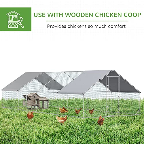 PawHut Large Chicken Coop Metal Chicken Run with Waterproof and Anti-UV Cover, Spire Shaped Walk in Fence Cage Hen House for Outdoor and Yard Farm Use, 1" Tube Diameter, 9.8' x 26.2' x 6.6' | Metal Chicken Run, Lockable Door, Spire Shaped Walk in Hen Hous