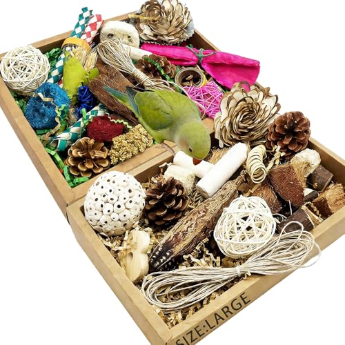 Bird Foraging Toys Parrot Chew Shredding Toys Bird Foraging Box for Parakeets Cockatiels Conures Lovebirds and Small to Medium Birds(Natural+Colorful) - color: Natural & Colorful