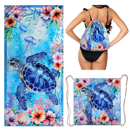 Sea Turtle Beach Towel Bag - Summer Multi-Functional Microfiber Beach Blanket Flower Printed Drawstring Bag for Travel - color: Summer Turtle Blue