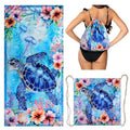 Sea Turtle Beach Towel Bag - Summer Multi-Functional Microfiber Beach Blanket Flower Printed Drawstring Bag for Travel - color: Summer Turtle Blue