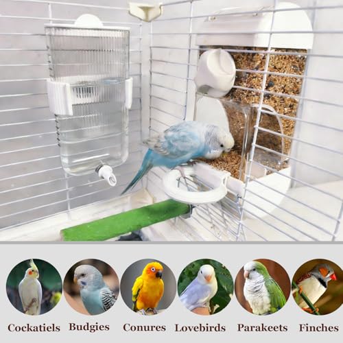 Automatic Bird Feeder Waterer Kit Bird Cage Hanging Waterer Parakeet Leak-Proof Feeder Parrot Vegetable Clips Cage Accessories for Budgies Lovebirds Finches Canaries Parrotlets Conures (White) - color: White