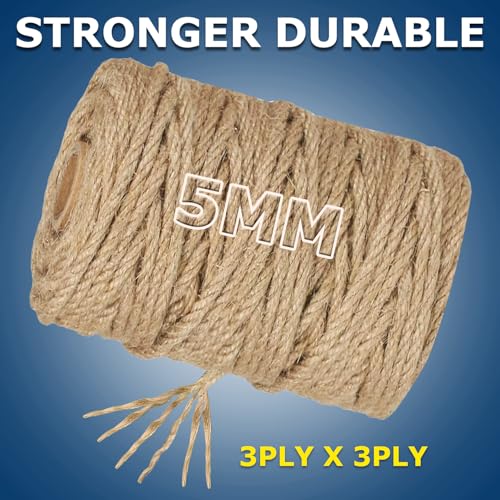 Vanhench Jute Rope 5MM (1/5 inch) 106 ft | 6Ply Twisted, Heavy Duty and Thick Twine Rope Bulk, Crafts Projects Cat Scratcher Post Tree Arts & Crafts Home Decoration - color: Brown, size: 5mm (13/64 In)×106ft(32.3m )