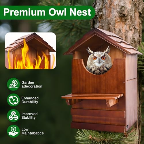 Large Barn Owl House, Large Opening Wooden Owl Houses for Outdoors, Ventilated and Moisture-Protected OwlBox with Mounting Screws and A Bag of Wood Shavings(8 * 7 * 15inch)