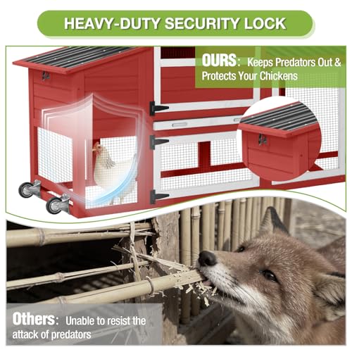 GUTINNEEN Large Outdoor Chicken Coop with Run, Mobile Hen House for 4-6 Chickens, Wooden Poultry Cage with Wheels, 2 Nesting Boxes, Waterproof Roof, Removable Pull-Out Tray-Red - size: 72.3"L x 26.0"W x 39.4"H