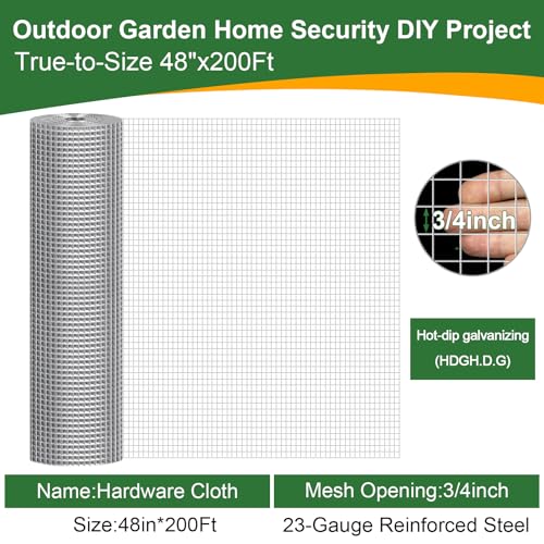 48in x 200ft Hardware Cloth Hot-Dip Galvanized Welded Wire Mesh - Heavy Duty 3/4inch 23 Gauge Chicken Wire Fencing for Garden, Chicken Coop, Rabbit Cage, Rodent & Predator Protection - size: 48in x 200ft
