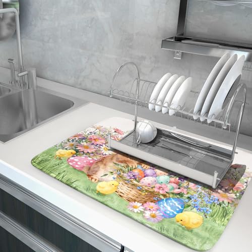 Easter Rabbit Eggs Dish Drying Mat for Kitchen Counter 18x24 Inch Spring Flowers Large Microfiber Dish Drainer Rack Mats - color: Colorful Easter Bunny, size: 24" x 18"