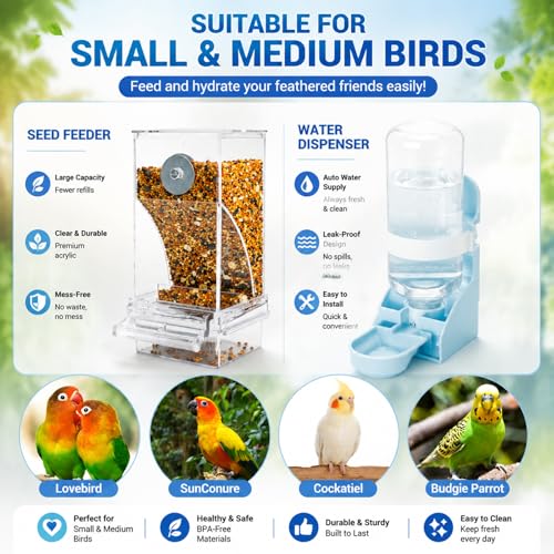 Rypet No-Mess Bird Feeder and Water Dispenser Set for Small Birds | Automatic Bird Feeder, Transparent Acrylic Food Container, Helps Reduce Seed Scatter, for Parakeet Cockatiel Parrot Canary - color: White Feeder + Blue Drinking Bottle