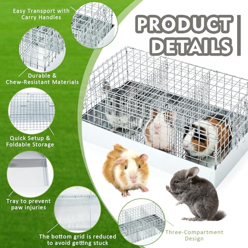 DoubleFill 18 x 10 x 8 in 3 Hole Folding Guinea Pig Chinchilla Transport Cage, Portable Cavy Bunny Carrier with Tray & Handles for Travel, Temporary Housing, Small Pet Habitat Animal Enclosure
