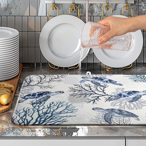 Summer Nautical Coastal Dish Drying Mat for Kitchen Counter Ocean Coral Sea Turtle Drying Rack Mats Beach Blue Dishes Drainer Mat Absorbent Microfiber Large Dish Draining Pad 18x24 Inch - color: Coastal Turtle, size: 18" x 24"