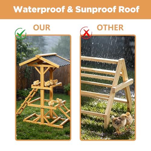 Wood Parrot Perch Multi-Tier Bird Play Stand with 2 Ladders and Canopy | Stable Wooden Bird Activity Playground, Suitable for Small Medium Parrots, Backyard Cage Accessory