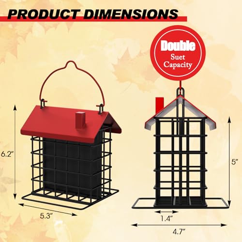 Gbekery All-Metal Double Suet Bird Feeder for Outdoors Hanging, Suet Cake Cage Holder with Weather-Resistant Roof & Perch for Outside Garden, Red - color: Red