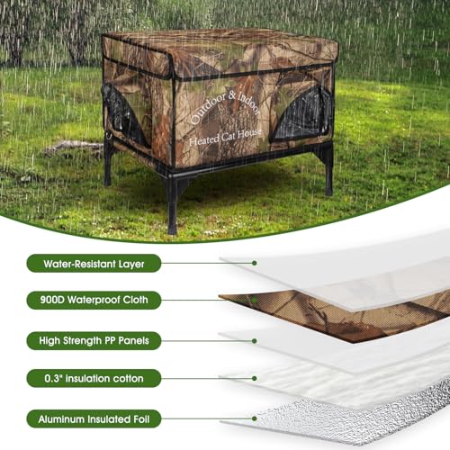 Heated Cat House for Outside Cat in Winter, Insulated Outdoor Feral Cat Shelter with Cat Heating Pad, 2 Doors,Elevated Waterproof Heated Kitty House (Camouflage, 21.5"x16.5"x18") - style: camouflage Cat House 04