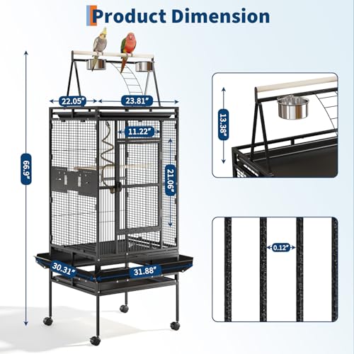 67-Inch Playtop Wrought Iron Large Parrot Bird Cages with Rolling Stand for Cockatiels Parrot Quaker Conure Parakeet Lovebird Canary Small Medium Parrot Cage Birdcage, Black | Wrought Iron Cage with Wheels, Rolling Parakeet Cage with Removable Tray for Co