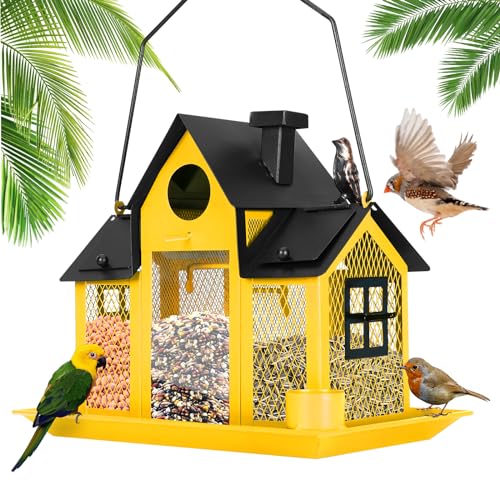 Solar Bird Feeders House for Outside Hanging, Metal Wild Bird Feeder for Outdoors Large Capacity Cardinal Birdfeeder Birdhouses Metal Bird Feeding Station Yellow - color: yellow