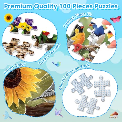4-Pack 100 Piece Puzzles for Kids Ages 6-8 8-10 Year Old | Birds Puzzles, Large Piece Puzzle for Seniors 100 Pieces Adults Jigsaw Puzzle, Learning Educational Toys for Boys and Girls - style: Cardinals Birds Hummingbirds