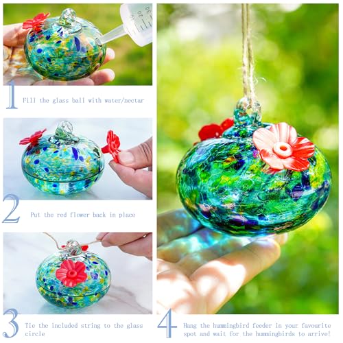3.3OZ Glass Hummingbird Feeder with 2 Feeding Ports for Outdoors Hanging - color: E