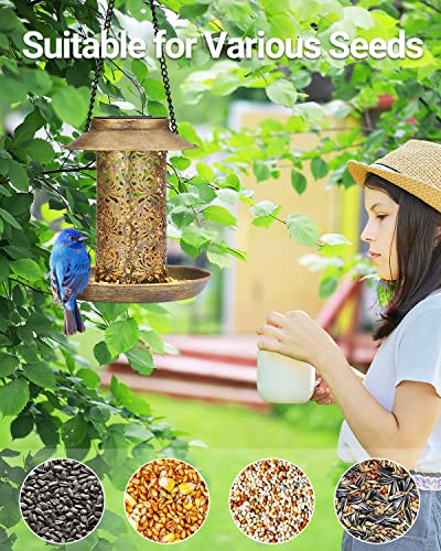 SWEETFULL Solar Bird Feeder for Outdoors Hanging, Metal Wild Bird Feeder for Cardinals Solar Garden Lantern with S Hook as Gift for Bird Lovers (2LBs Heavy Duty birdfeeders) - size: 7.2"x7.2"