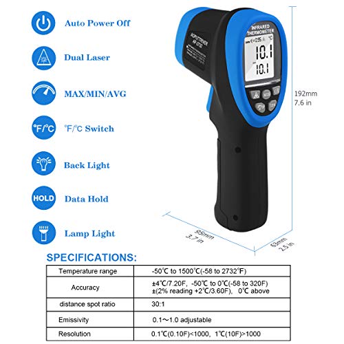 Pyrometer High Temp Thermometer-58℉~2732℉ Non Contact Laser Gun | Dual Laser 30:1Non-Contact Industrial Temperature Gun ,Adjustable emissivity 0.1-1.0 ,Hi/Lo Temp Alarm,Flashlight - color: AP-2732 Blue