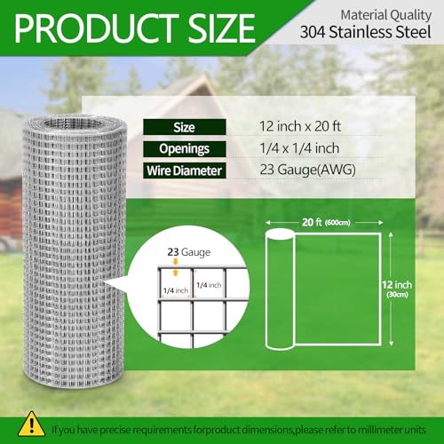 Hardware Cloth 1/4 inch 23 Gauge Small Size 304 Stainless Steel mesh Chicken Welded Wire Fencing Wire Mesh Roll Fencing Garden Fence Squirrel Tunnel Network 12in×20ft - size: (1/4in)12inx20ft