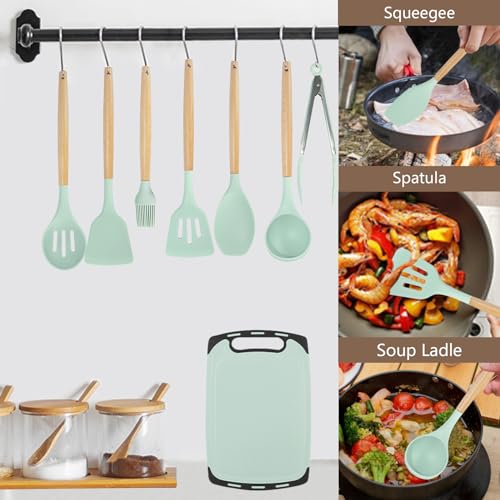 Cooking Utensils Set - 19 Piece Set with 11 Spatulas, 6 Sharp Knives, Silicone Utensils & Cutting Board (Green) - color: Light Green 19 PCS Set