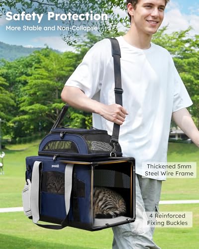 Pecute Cat Carrier, Top Expandable Dog Crate for Travel, Blue | 5mm Anti-Collapse Steel Frame, Soft Mesh, Vet Visits, Foldable Travel Crate,Outdoor Hammock, Leakproof Pee Pad & Bowl - color: Blue