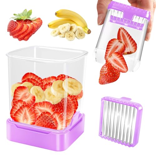 Fruit Slicer Cup for Strawberry, Banana, Hard-Boiled Egg - Detachable Cutter with Push Plate - Rapid & Safe Slicing Kitchen Gadget for Quick Meal Prep (Purple) - color: Purple